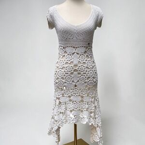 Karen Millen Crochet Dress 2 Ivory Boho Lace Handkerchief Hem Bridal Ethereal